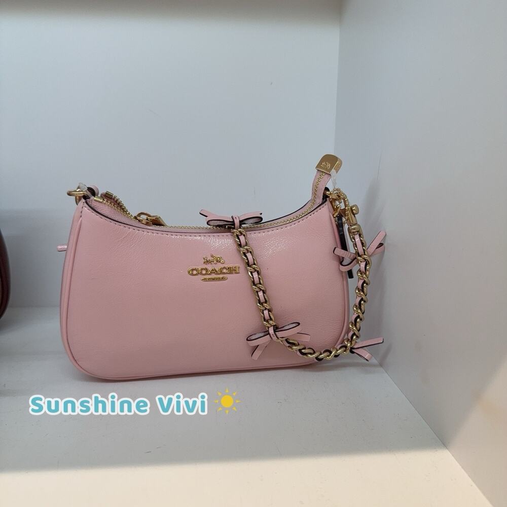 NWT Coach Teri Mini Crossbody Bag With Bows CDW68 Gold Soft Pink Glazed Leather
